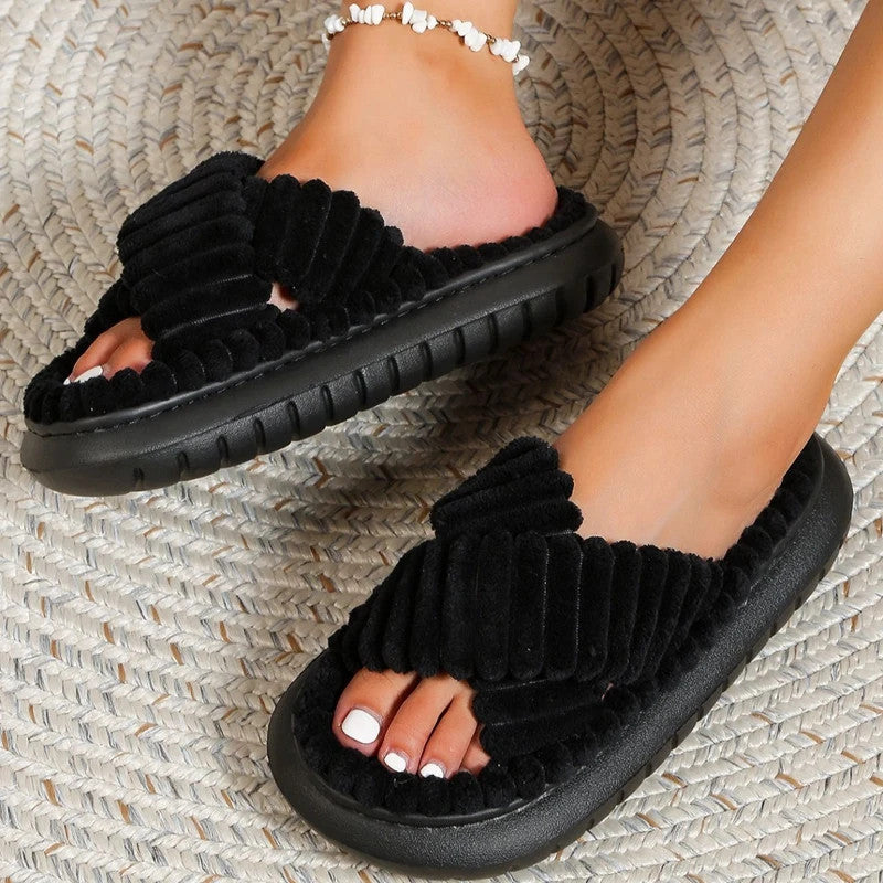 2024 New Fashion Cross Cotton Linen Slippers Women Autumn Home Thick Platform Flat Slides Floor Mute Slippers Comfort Flip Flops