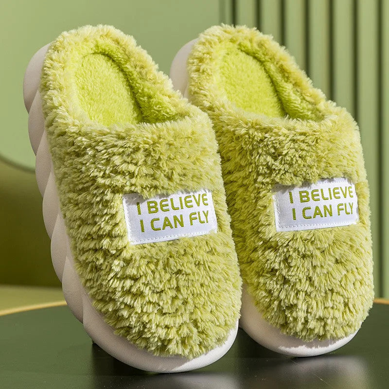 Women Plush Slippers Soft Plush Cotton Slippers Shoes Fashion Color Contrast Non-Slip Floor Indoor Flop Flip Bedroom Warm Winter