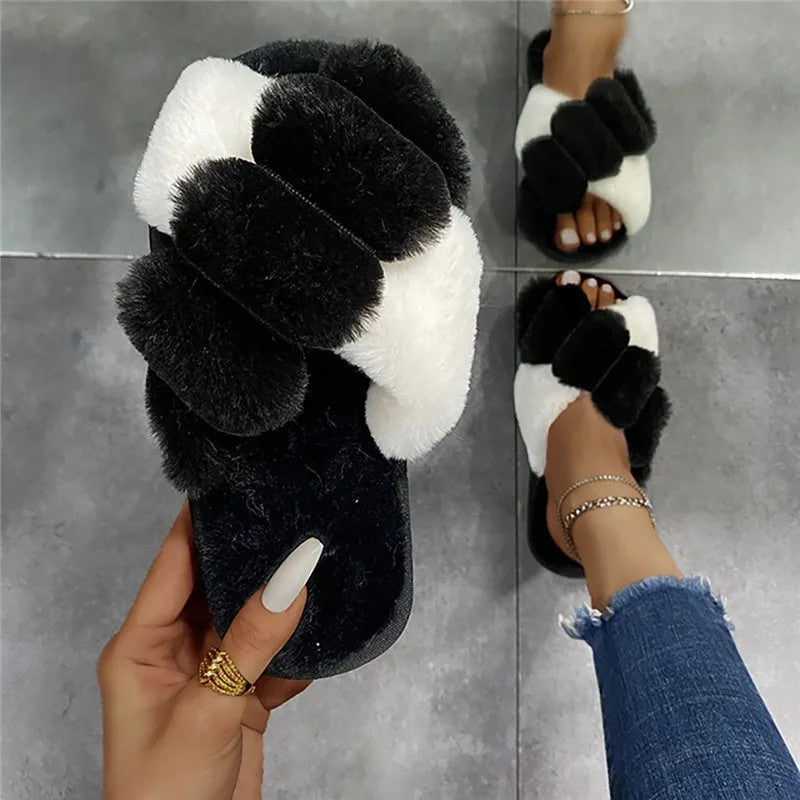 2024 Winter Slippers Women Fashion Cross Fluffy Fur Slipper Home Slides Platform Flat Indoor Floor Flip Flops Women Ladies Shoes