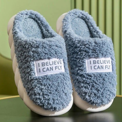 Women Plush Slippers Soft Plush Cotton Slippers Shoes Fashion Color Contrast Non-Slip Floor Indoor Flop Flip Bedroom Warm Winter