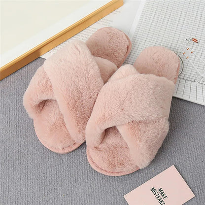 2024 Winter Slippers Women Fashion Cross Fluffy Fur Slipper Home Slides Platform Flat Indoor Floor Flip Flops Women Ladies Shoes